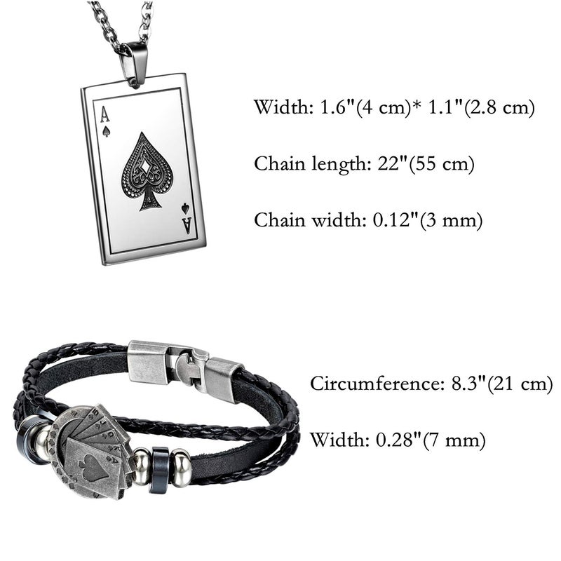 Aroncent 2 Pcs Stainless Steel Ace of Spades Necklace Braided Leather Cool Bracelet Poker Jewerly Set Cool Bracelets Cool Necklace for Men - Image 5